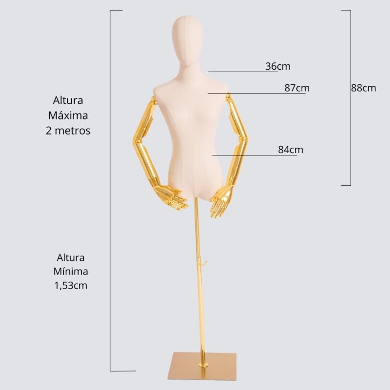 MANEQUIM ARTICULADO PARA JOIAS, ROUPAS E ACESSORIOS (BRANCO e DOURADO BASE LISA)