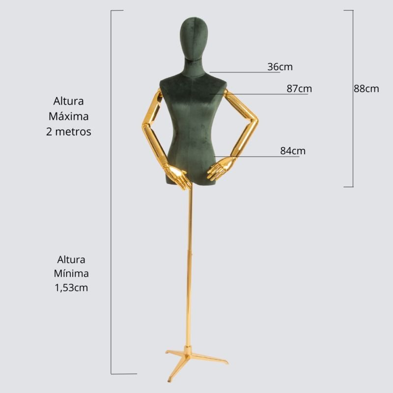 MANEQUIM ARTICULADO PARA JOIAS, ROUPAS E ACESSORIOS (VERDE e DOURADO BASE TRES PONTAS)