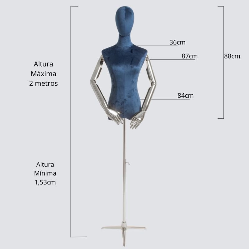 MANEQUIM ARTICULADO PARA JOIAS, ROUPAS E ACESSORIOS (AZUL e PRATA BASE TRES PONTAS)